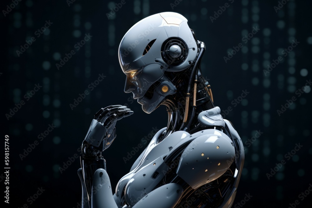 The cutting-edge white robot is deliberating on the best course of action. AI generated, human enhanced The cutting-edge white robot is deliberating on the best course of action. AI generated, human enhanced