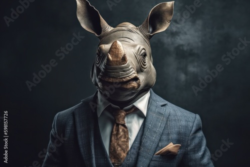 Anthropomorphic rhinoceros dressed in a suit like a businessman. Business Concept. AI generated  human enhanced