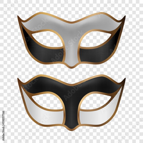 Vector 3d Realistic White, Black and Golden Carnival Face Mask Icon Set CLoseup Isolated. Mask for Party, Masquerade Closeup. Design Template of Mask. Carnival, Party, Secret, Hero, Stranger Concept