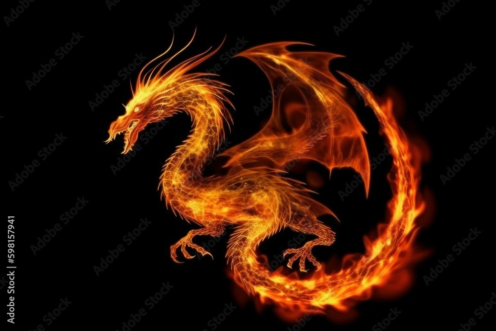Dragon from fire on black background. Dragon drawn by fire. Flame with dragon silhouette. AI generated, human enhanced Dragon from fire on black background. Dragon drawn by fire. Flame with dragon silhouette. AI generated, human enhanced