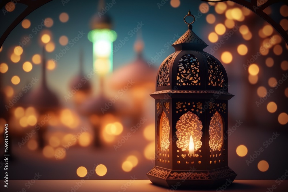 Ornate oriental lantern with beautiful bokeh of holiday lights and mosque in background. AI generated, human enhanced Ornate oriental lantern with beautiful bokeh of holiday lights and mosque in background. AI generated, human enhanced