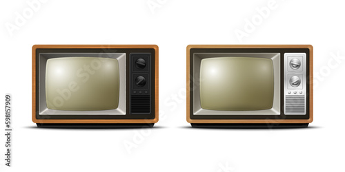 Vector 3d Realistic Retro Wooden TV Receiver Icon Set Closeup Isolated on White Background. Home Interior Design Concept. Vintage TV Set, Television, Front View