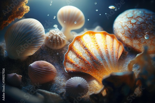 Close Up Of Seashells Underwater. AI generated, human enhanced.