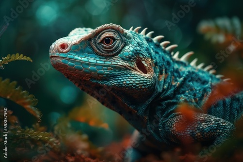 Green colored chameleon close up. AI generated  human enhanced