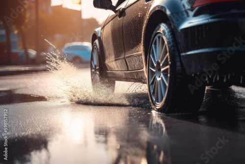 Splashes and underside of a car wheel with selective focus and blurred background. AI generated, human enhanced. © top images