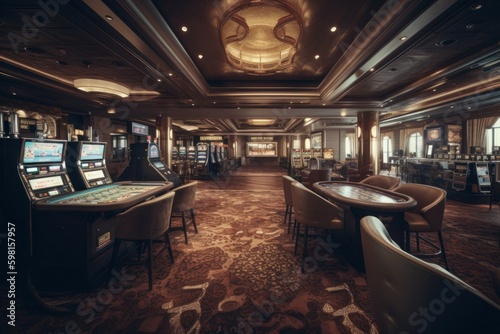 Luxury casino interior with lots of slot machines. AI generated, human enhanced.