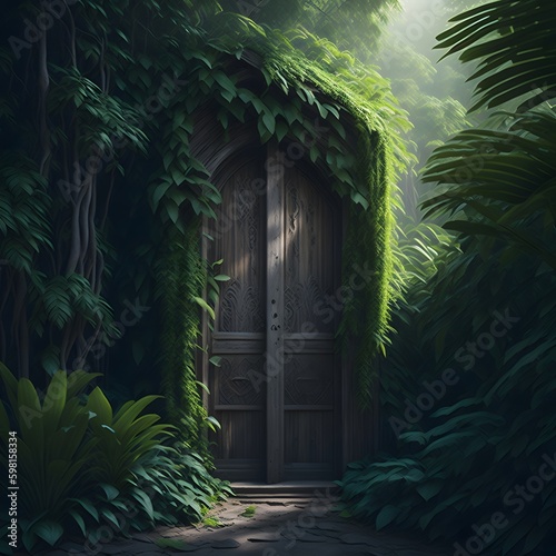 Fototapeta Naklejka Na Ścianę i Meble -  closed door in the forest. secret door into the jungle