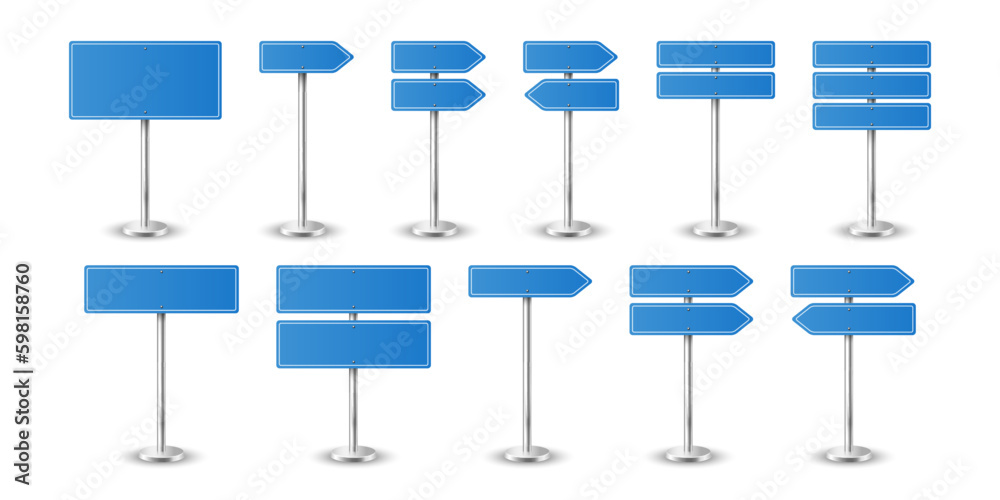 Vector 3d Realistic Blank Blue Road Warning Direction Sign Icon Set Closeup Isolated. Danger Blank Warning Empty Signs Collection, Traffic Template. Front View Vector 3d Realistic Blank Blue Road Warning Direction Sign Icon Set Closeup Isolated. Danger Blank Warning Empty Signs Collection, Traffic Template. Front View