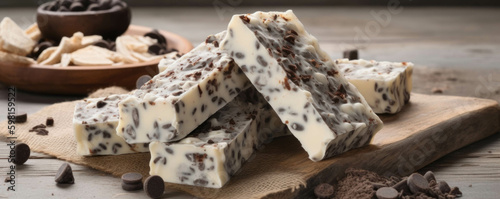 Dark chocolate chunks speckled on chewy coconut bars.. AI generation. Generative AI photo