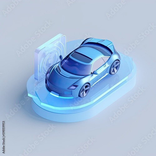 A 3D blue car is on a blue display Created using generative AI tools