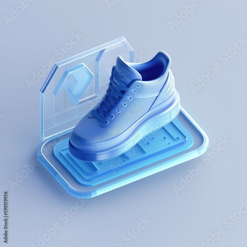 A blue shoe is on a plastic container with a clear plastic cover Created using generative AI tools