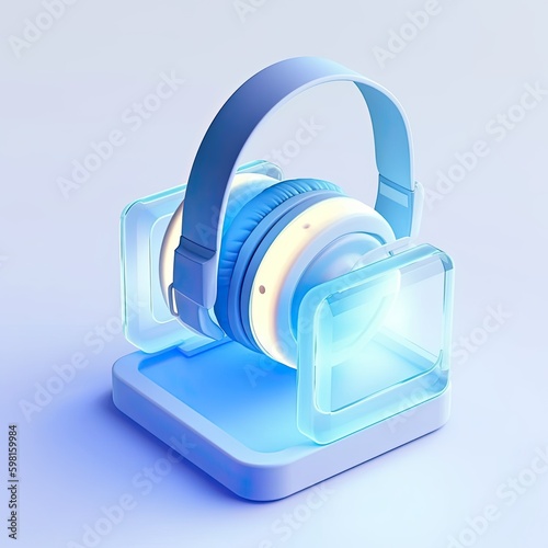 A blue plastic 3D headphone with a clear plastic case on it Created using generative AI tools