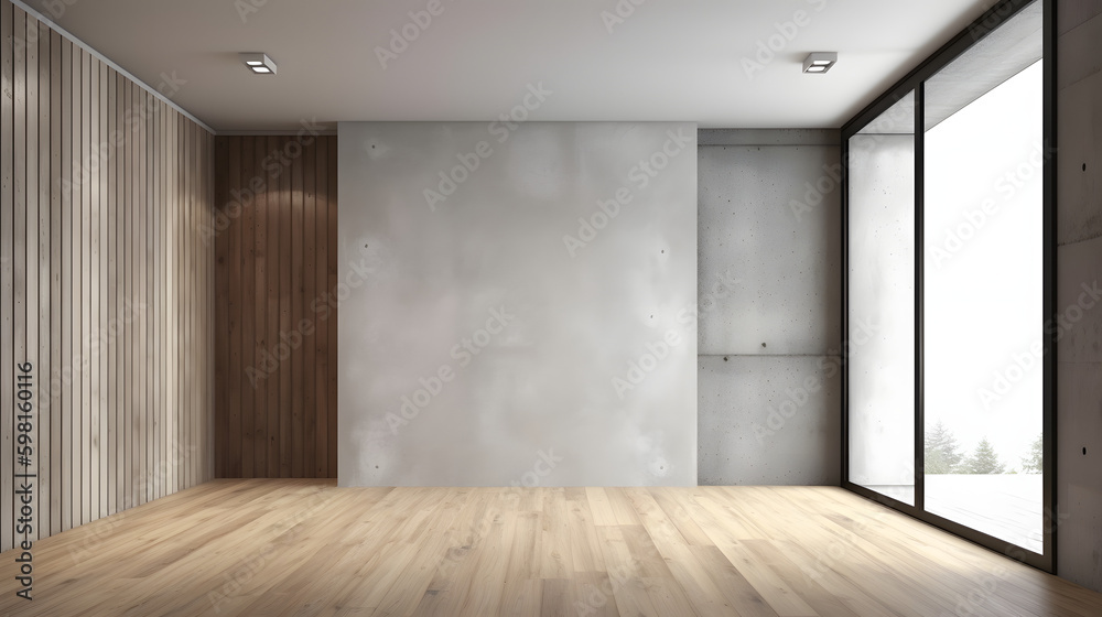 Fototapeta premium Empty room interior background, concrete wall and wooden paneling. 3d rendering