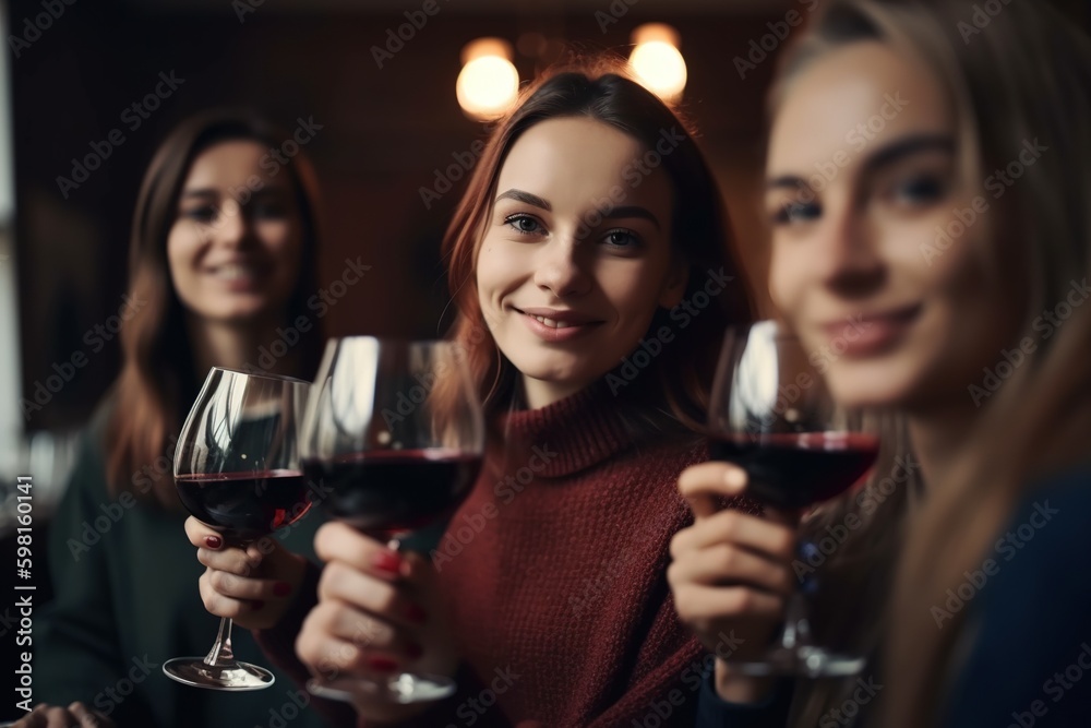 Young friends and a couple celebrate their freedom with two glasses of red wine. Ai generated.