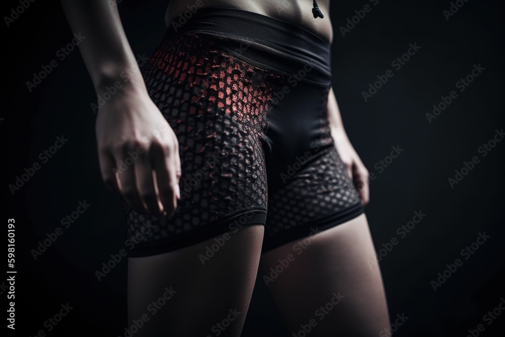 Detail of the sportswear of a female athlete, skin-tight clothing, in studio. Ai generated.