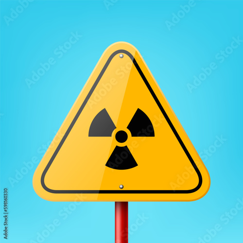 Vector Yellow Triangular Road Sign Frame with Radiation Sign, Icon, Nuclear Warning Symbol Icon Closeup on Blue Background. Road Pointer Plate Design Template, Front View