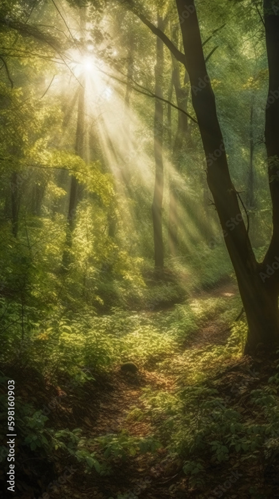 Beautiful rays of sunlight in a green forest. AI generative Beautiful rays of sunlight in a green forest. AI generative