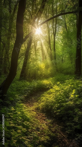 Beautiful rays of sunlight in a green forest. AI generative