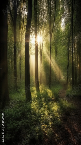 Beautiful rays of sunlight in a green forest. AI generative © SANGHYUN