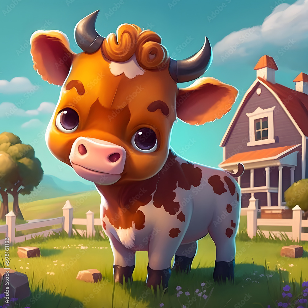 Cute cartoon cow on the field, farm house behind. Generative AI ...
