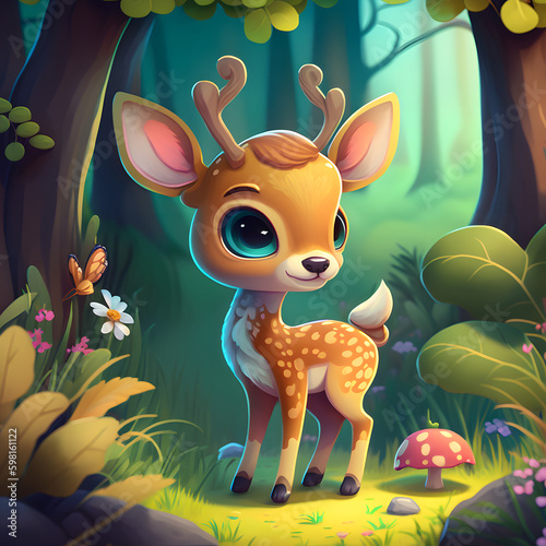 Cute cartoon deer in the forest, with a butterfly, mushrooms and flowers around. Generative AI illustration © Ayrum.Design