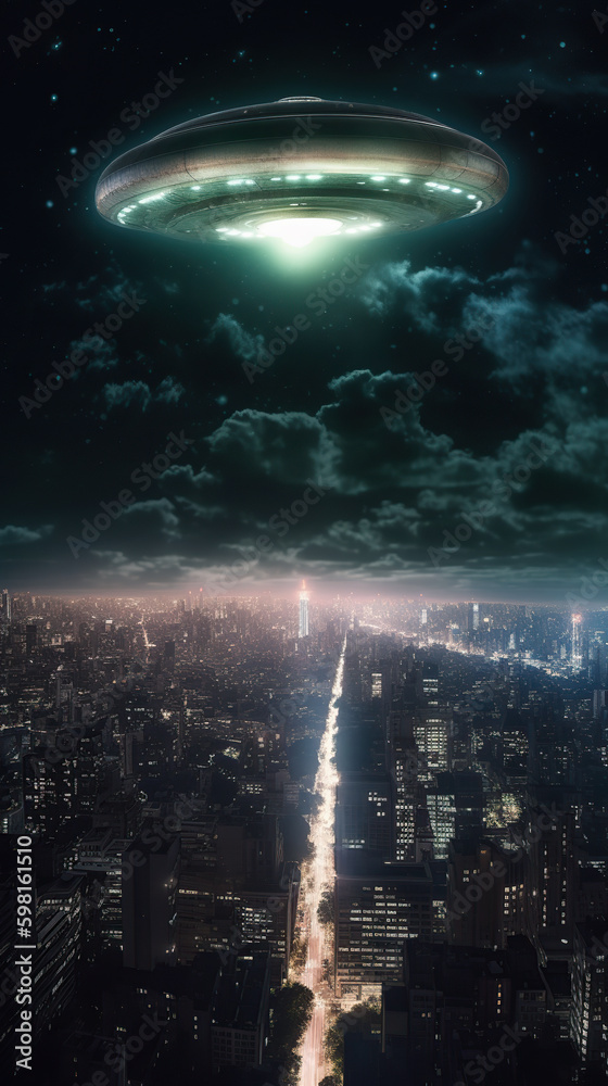 A UFO flies over a crowded city at night. AI generated image.
