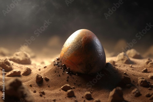 A prehistoric egg buried beneath the layers of soil awaiting its emergence. AI generation. Generative AI