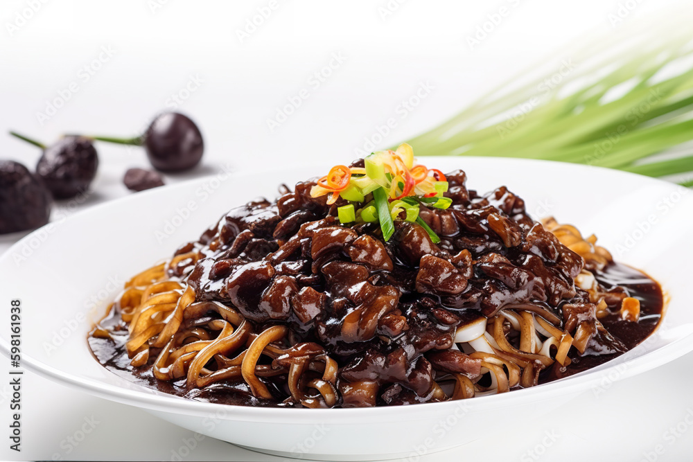 Jajangmyeon: Noodles in black bean sauce with pork and vegetables, AI generative Jajangmyeon: Noodles in black bean sauce with pork and vegetables, AI generative