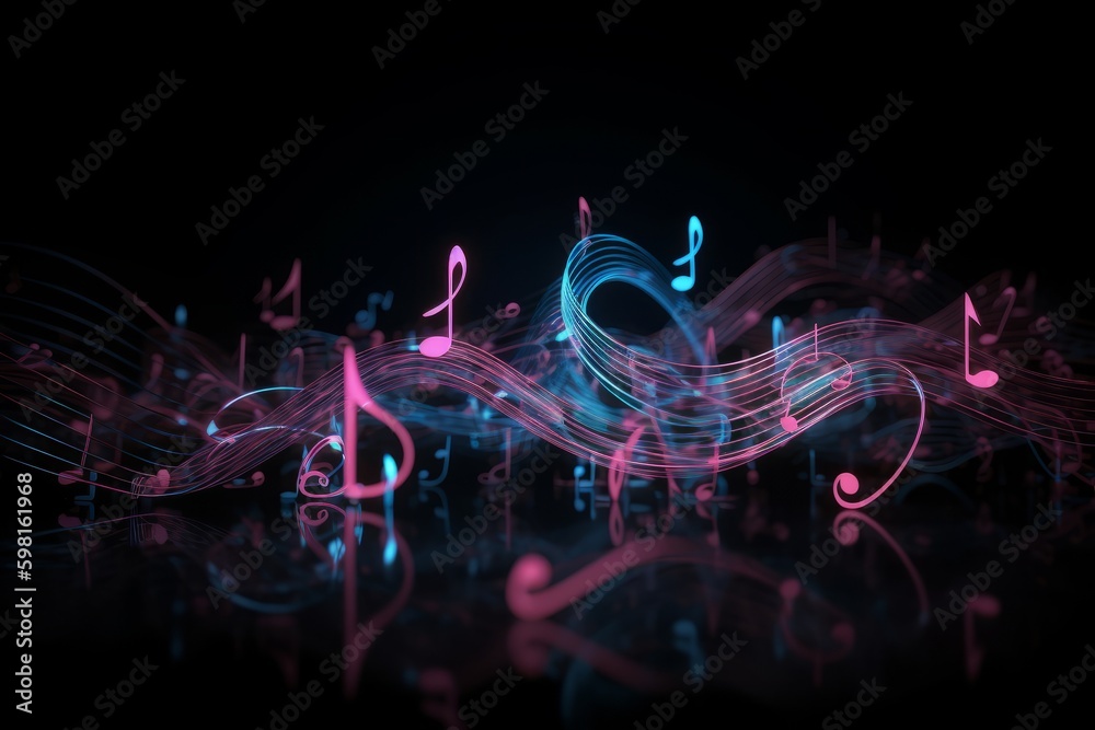 Vibrant Pink and Blue Music Notes on a Dark Background, Generative AI