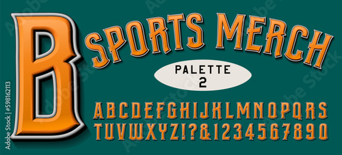 A condensed alphabet with 3d effects, ideal for sports merchandising, t-shirts, sweats, hats, banners, etc.
