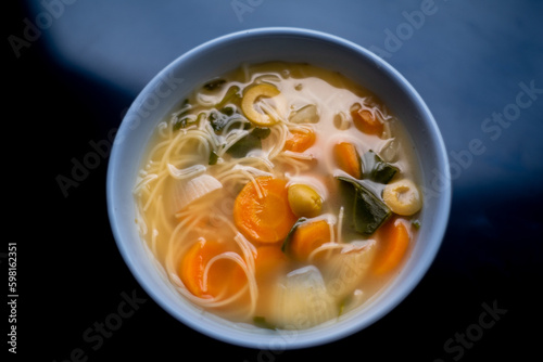 bowl of noodle and vegetable soup