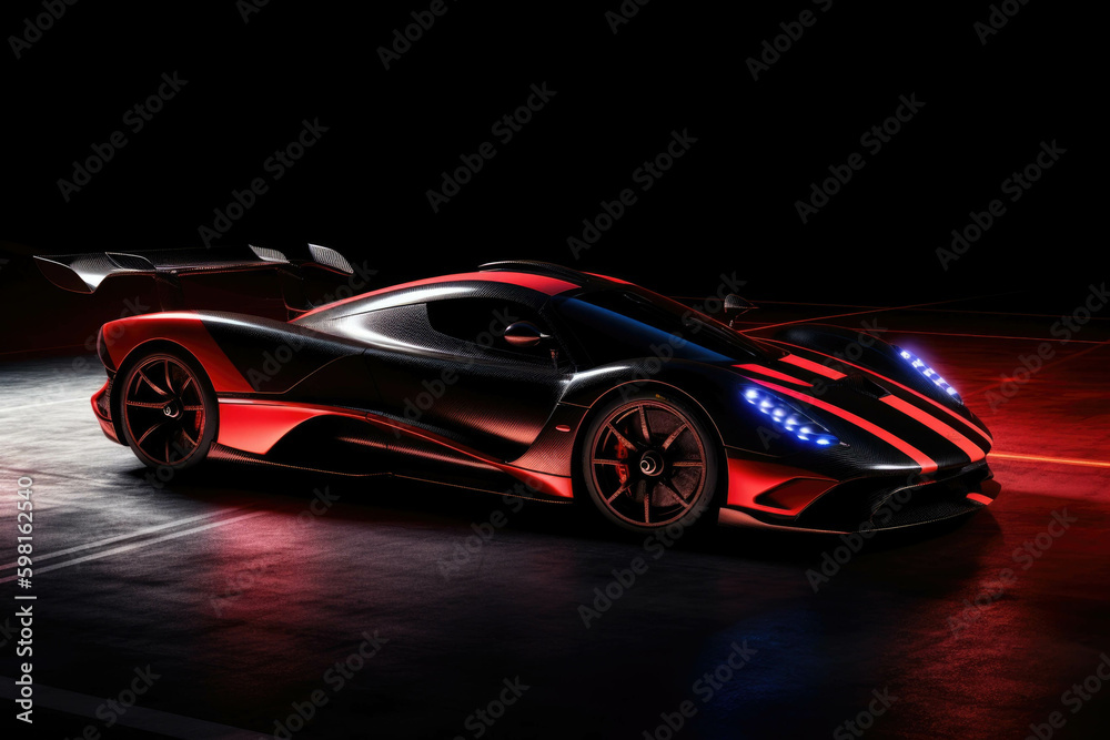 An intense zoom into a black and red racing car with a chrome accent and air deflectors for improved aerodynamics. Speed drive concept. AI generation. Generative AI