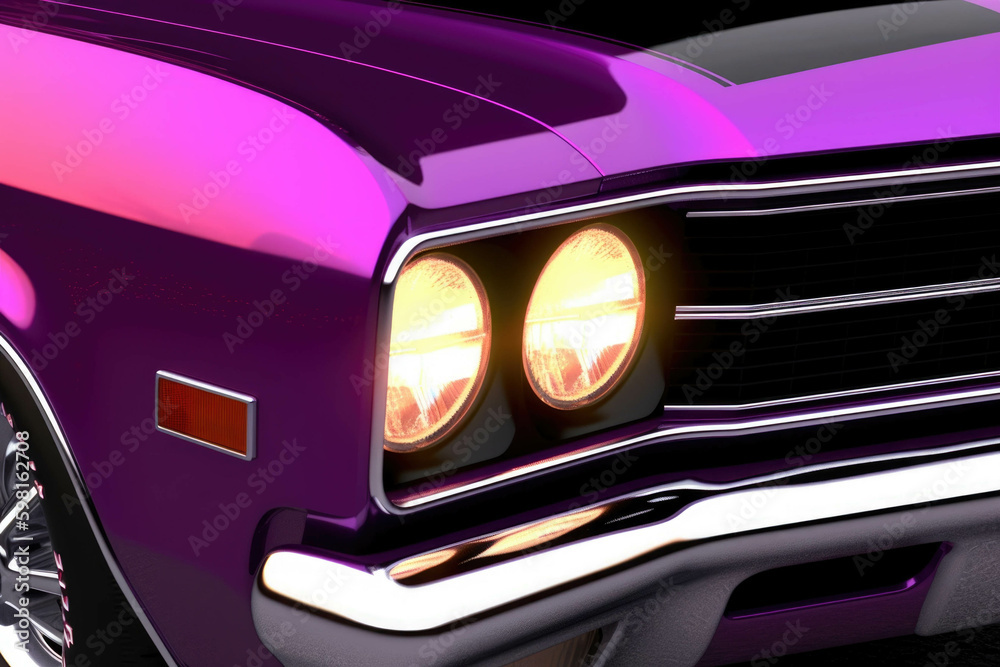 A deep purple production racer closeup of its glimmering neon lights and tinted glass panels. Speed drive concept. AI generation. Generative AI