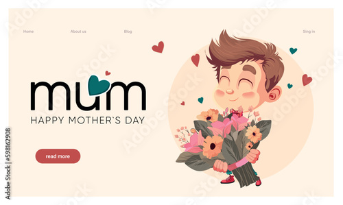 Happy mothers day illustration with woman holding a Flowers. Thank you card with blooming flowers. Use for Boarding Pass, birthday card, invitations, Birthday card Vector illustration Generative AI