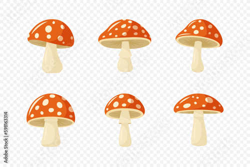 Vector Hand Drawn Cartoon Flat Mushroom Icon Set. Amanita Muscaria, Fly Agaric Illustration, Mushrooms Collection. Magic Mushroom Symbol, Design Template