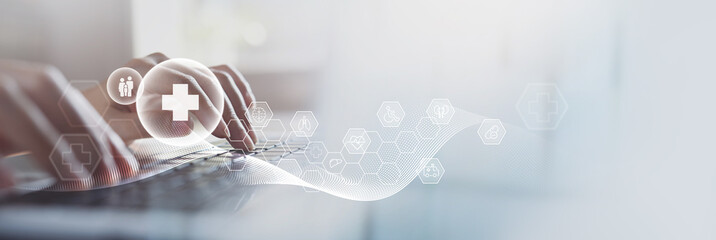 Health Insurance, telemedicine, virtual hospital, family medicine concept. Doctor using laptop computer with health care icons, medical technology background, health insurance business