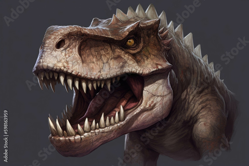 A powerful and menacing jaw lined with sharp and jagged dinosaur teeth. AI generation. Generative AI