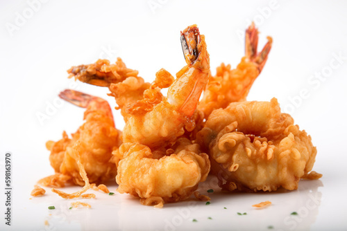 A pile of fried shrimp on a white surface. AI generative.
