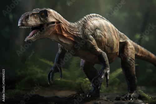 A menacing Allosaurus with its curved razor sharp claws.. AI generation. Generative AI © Justlight