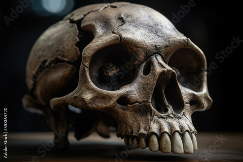 Impressive skull of a prehistoric beast with its hollowed eyes staring out over millions of years.. AI generation. Generative AI