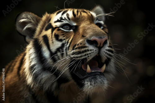 A sabertoothed tiger licked its lips as it sniffed the air searching for its next meal.. AI generation. Generative AI © Justlight