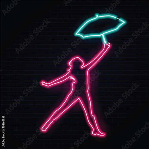 Girl Protect Rain With Umbrella Neon Effect, Girl with umbrella neon effect