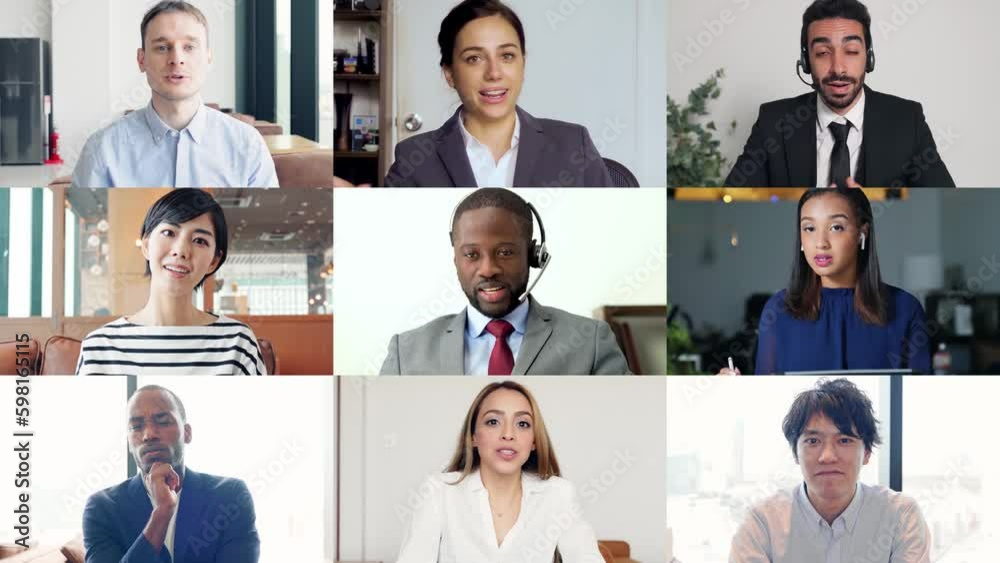 Collage movie of multinational people talking with video calling. Transition from white background.