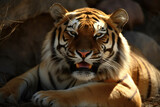 A sabertoothed tiger lounged lazily in the sun its canines gleaming in the bright light.. AI generation. Generative AI