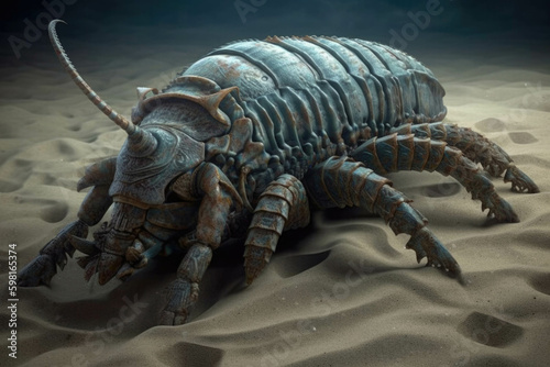 A trilobite resting on the sandy sea floor its intricate armor protecting it from predators.. AI generation. Generative AI © Justlight