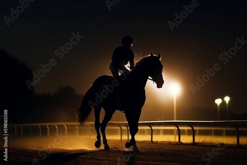 silhouette of horse and jockey at night