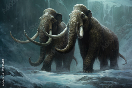 Two Mammoths frozen in time their tusklocked battle forever captured in a deep icy tomb.. AI generation. Generative AI