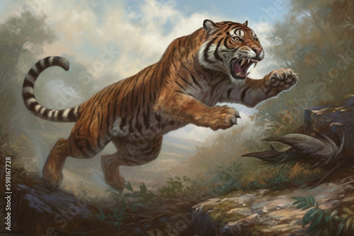 A powerful sabertoothed tiger leaping high into the air as it snags its dinner.. AI generation. Generative AI