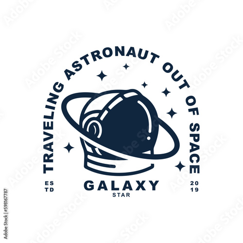 Vintage retro astronaut helmet with Saturn ring and star logo design badge for your brand or business