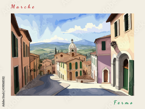 Fermo: Italian vintage postcard with the name of the Italian city and an illustration photo